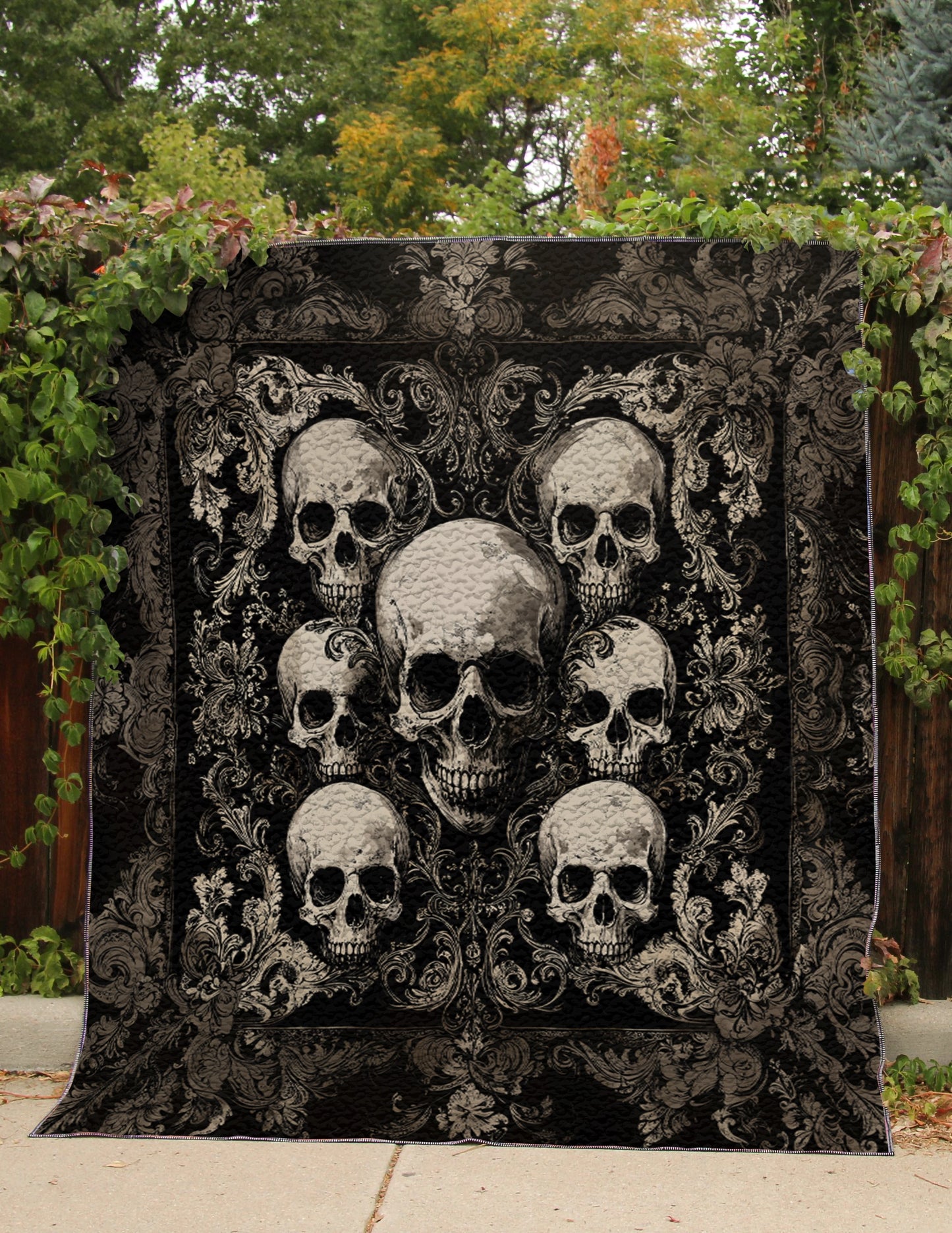 Shineful Flat Print Faux Quilt Blanket - Gothic Skull Majesty