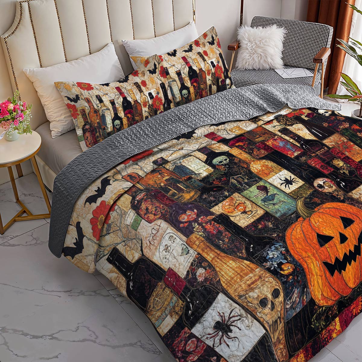 Shineful All Season Quilt 3-Piece Set Gorgeous Halloween Wine Bottles
