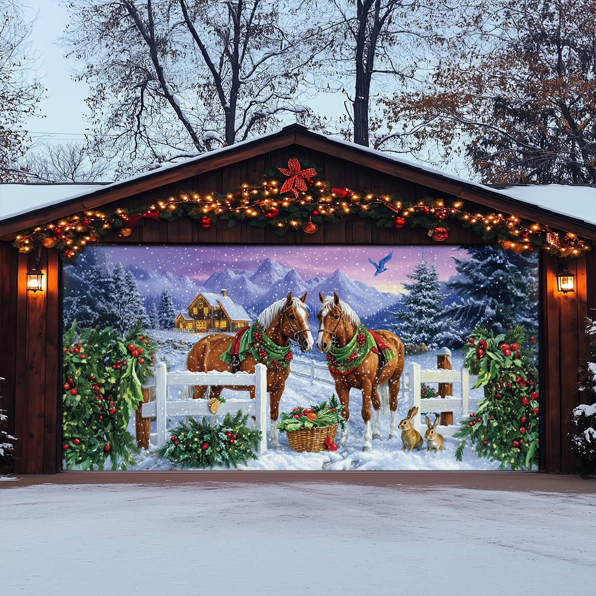 Shineful Garage Door Banner Decoration Festive Horses in Winter Wonderland
