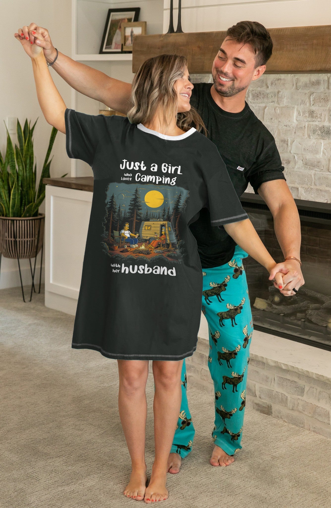 Camping Pajabears® V-Neck Nightshirts Just A Girl Who Loves Camping With Her Husband Hm8