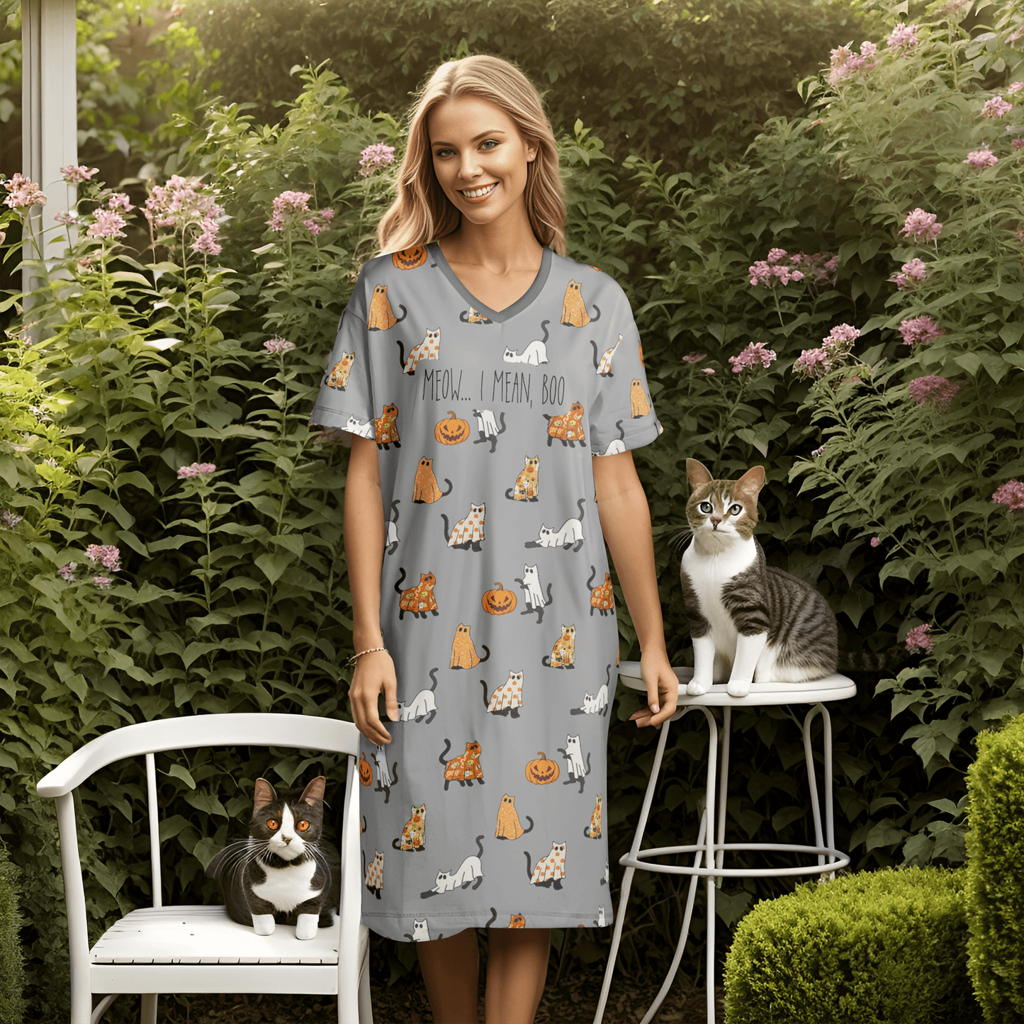 Cat PajabearsÂź V-Neck Womenâs Nightshirts Meow... I Mean Boo Halloween Qd5