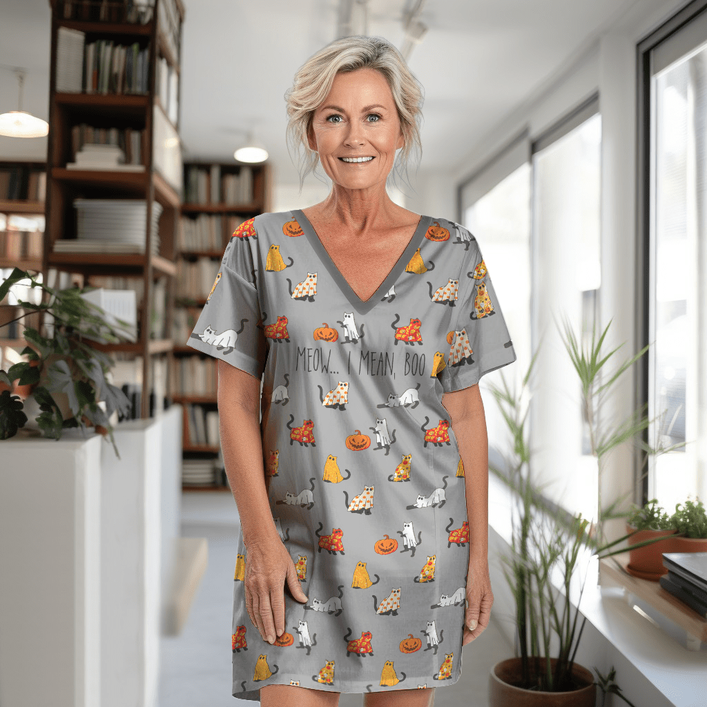 Cat PajabearsÂź V-Neck Womenâs Nightshirts Meow... I Mean Boo Halloween Qd5