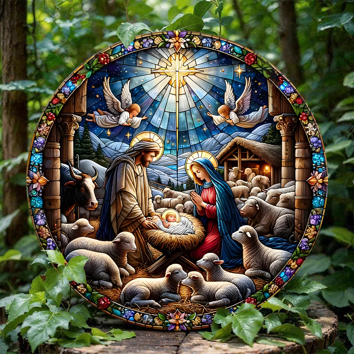 Shineful 2D Wooden Plaque, Hanging Decor, Door Sign - Starlit Nativity Glass