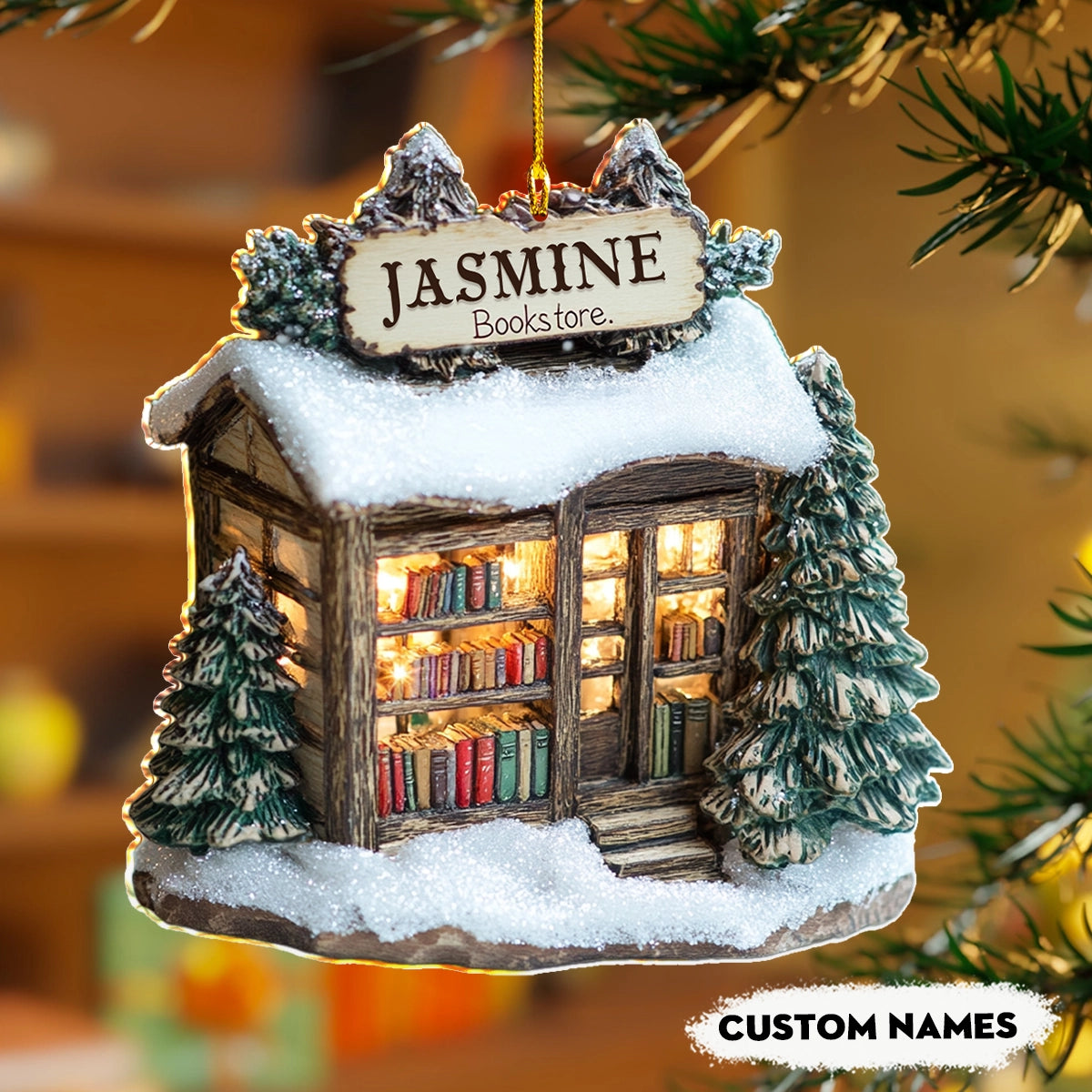 Shineful 2D Acrylic Ornament Personalized Winter Wonderland Bookstore