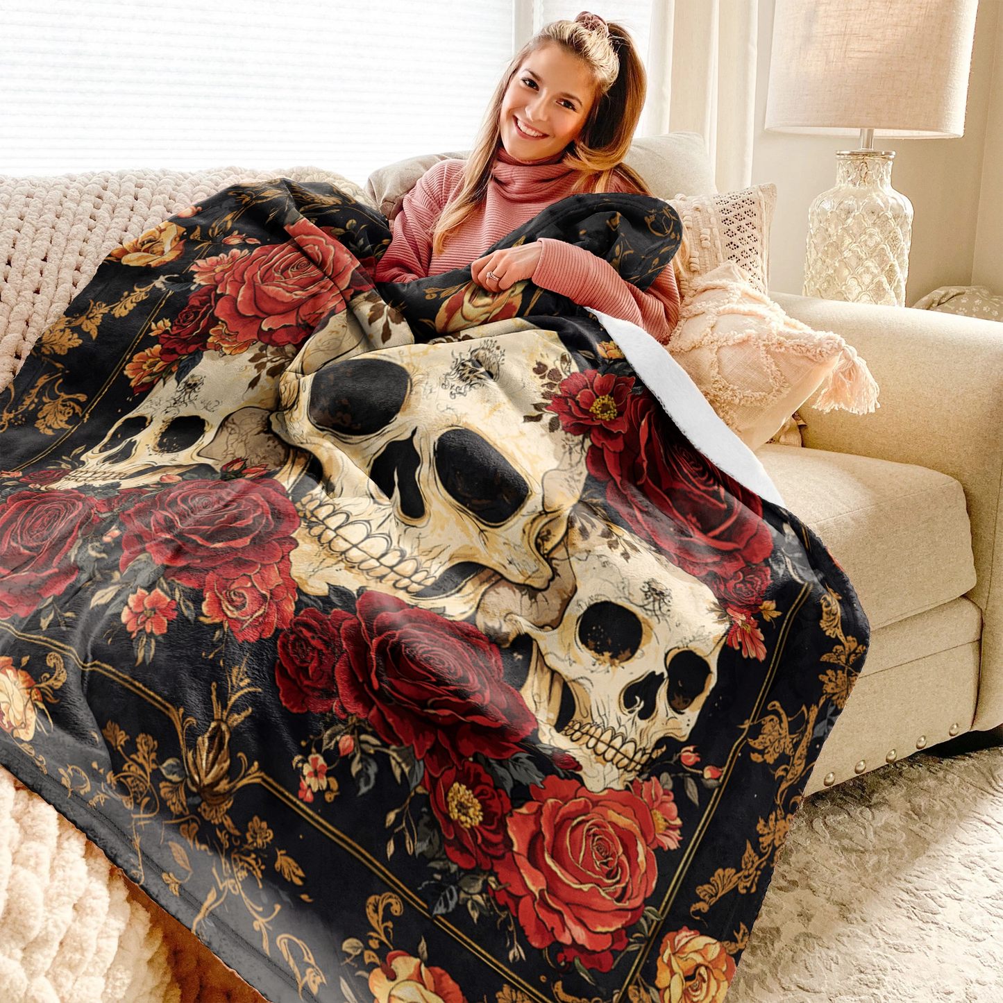 Shineful Fleece Blanket Gothic Night Rose Skulls
