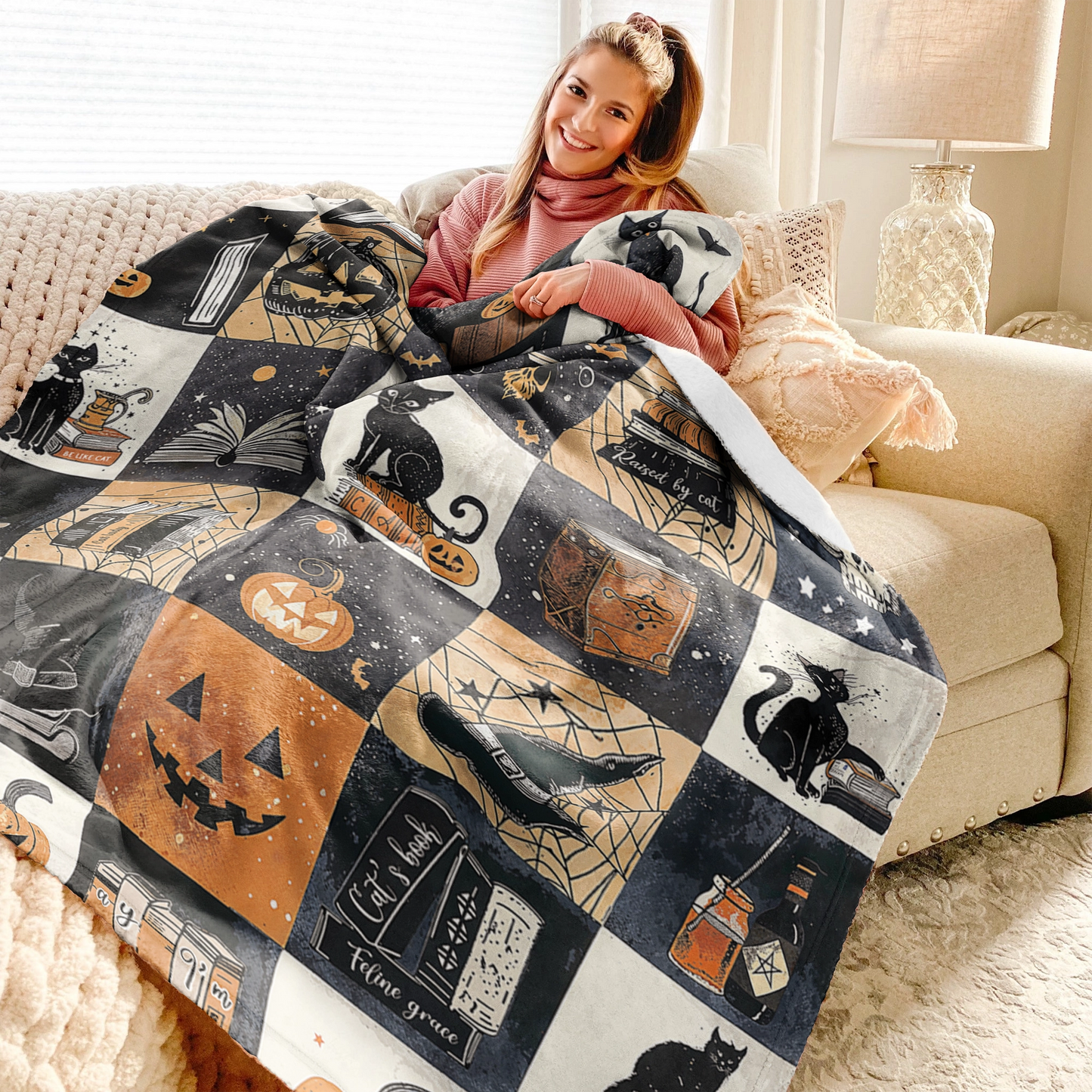 Shineful Fleece Blanket Halloween Bookish Cat