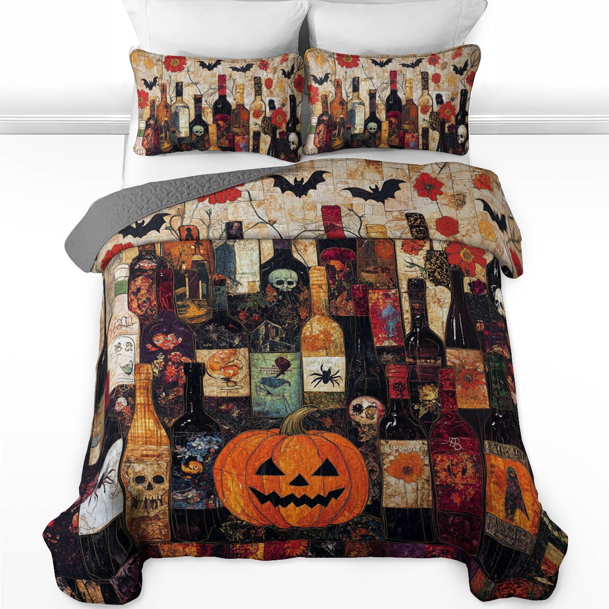 Shineful All Season Quilt 3-Piece Set Gorgeous Halloween Wine Bottles