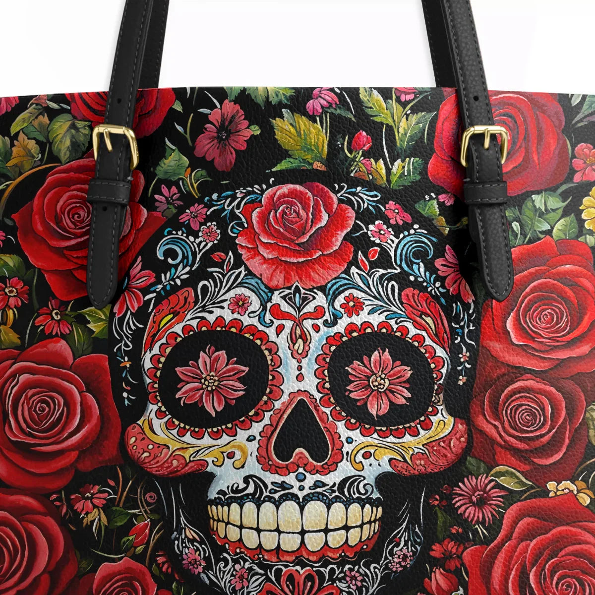 Shineful Leather Tote Bag - Roses & Sugar Skull Elegance