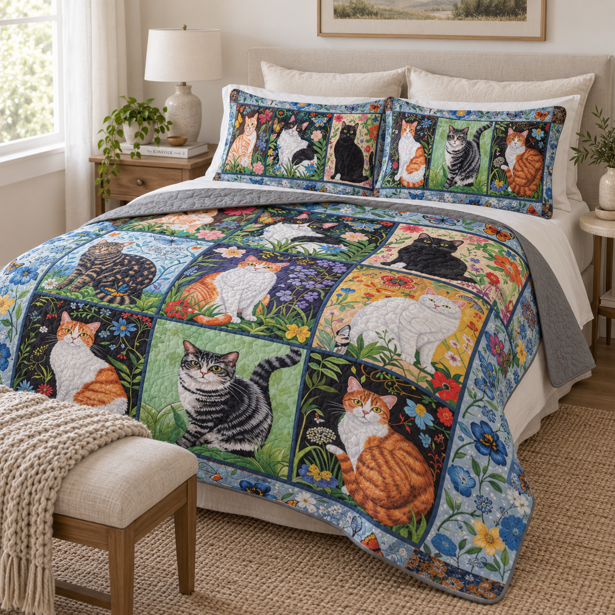 Shineful Quilt 3-Piece Set Cat Floral Felines