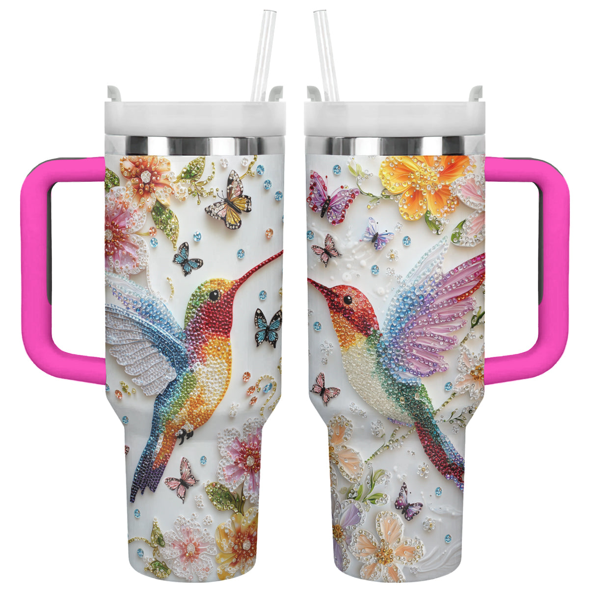 Shineful Glossy Tumbler Floral Hummingbird With Butterflies