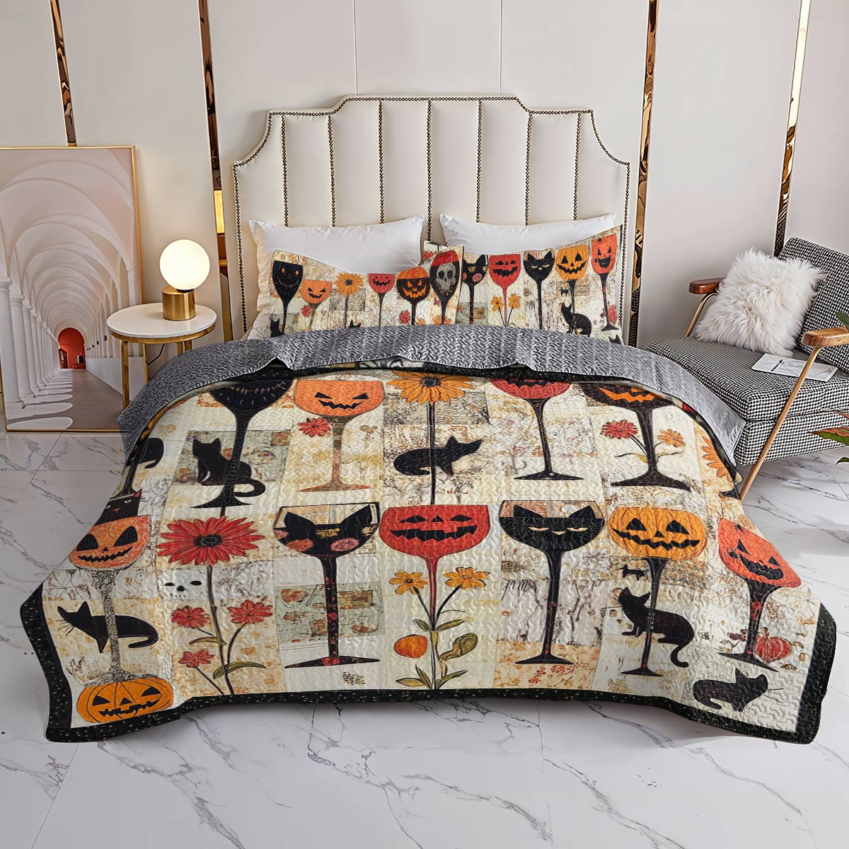 Shineful All Season Quilt 3-Piece Set Cute Halloween Wine Glasses