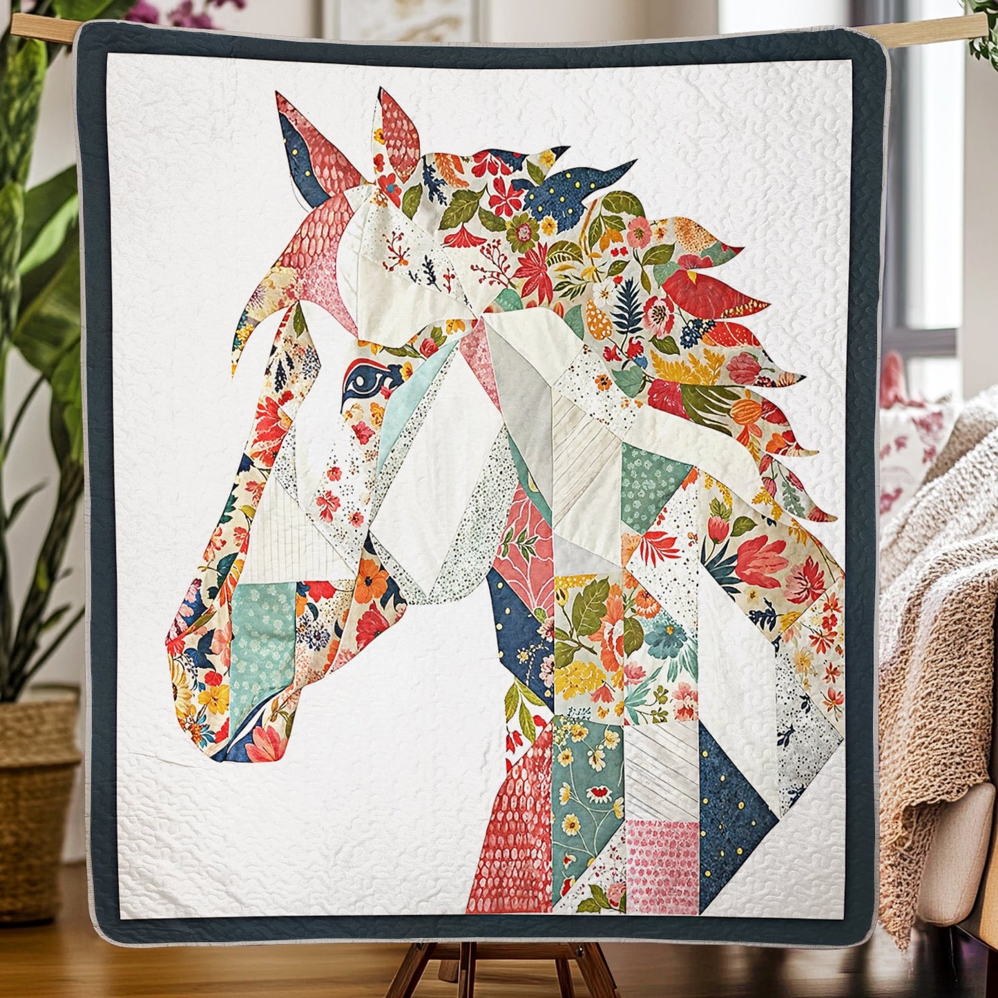 Shineful Flat Print Faux Quilt Blanket - Charming Floral Horse