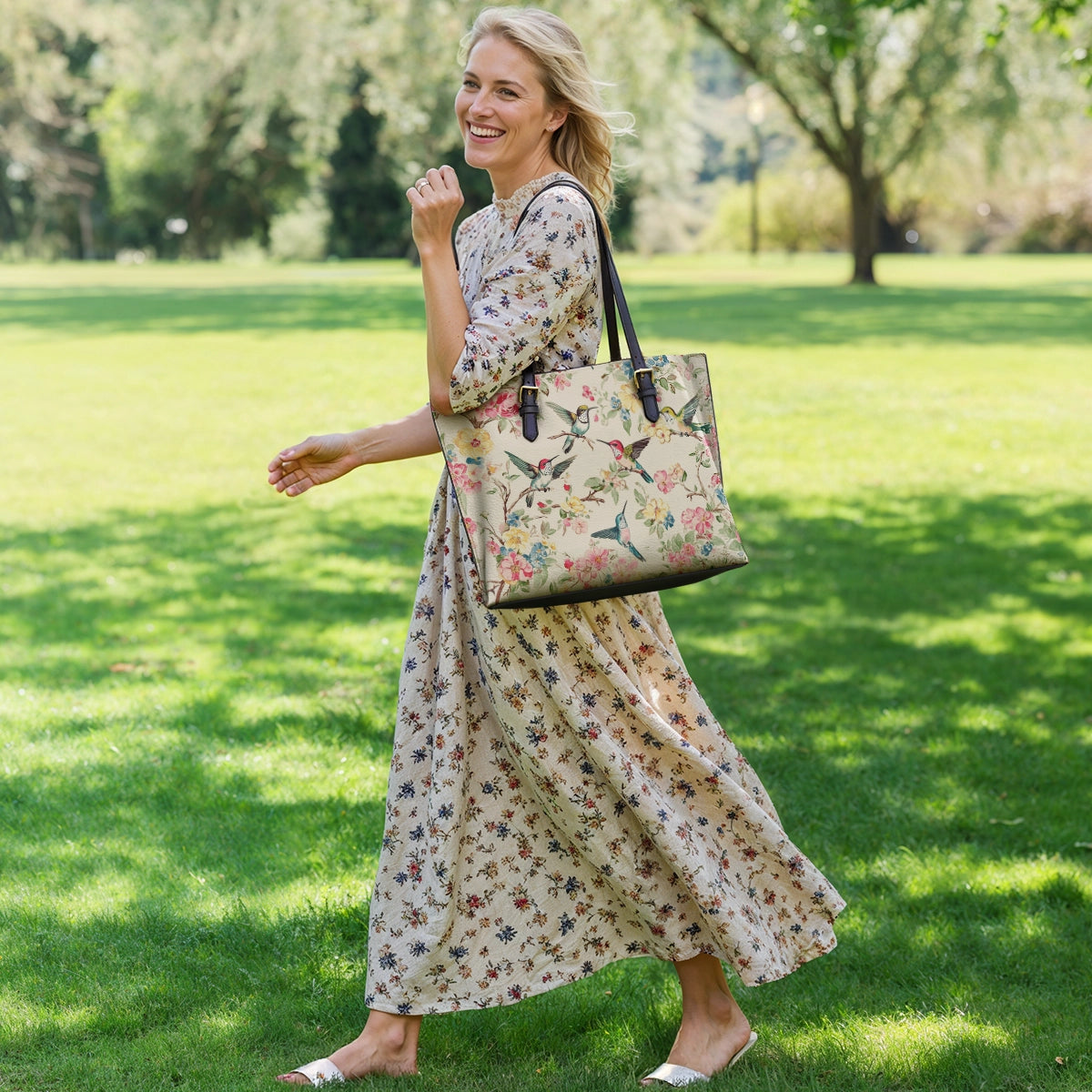 Shineful Leather Tote Bag - Hummingbird Symphony