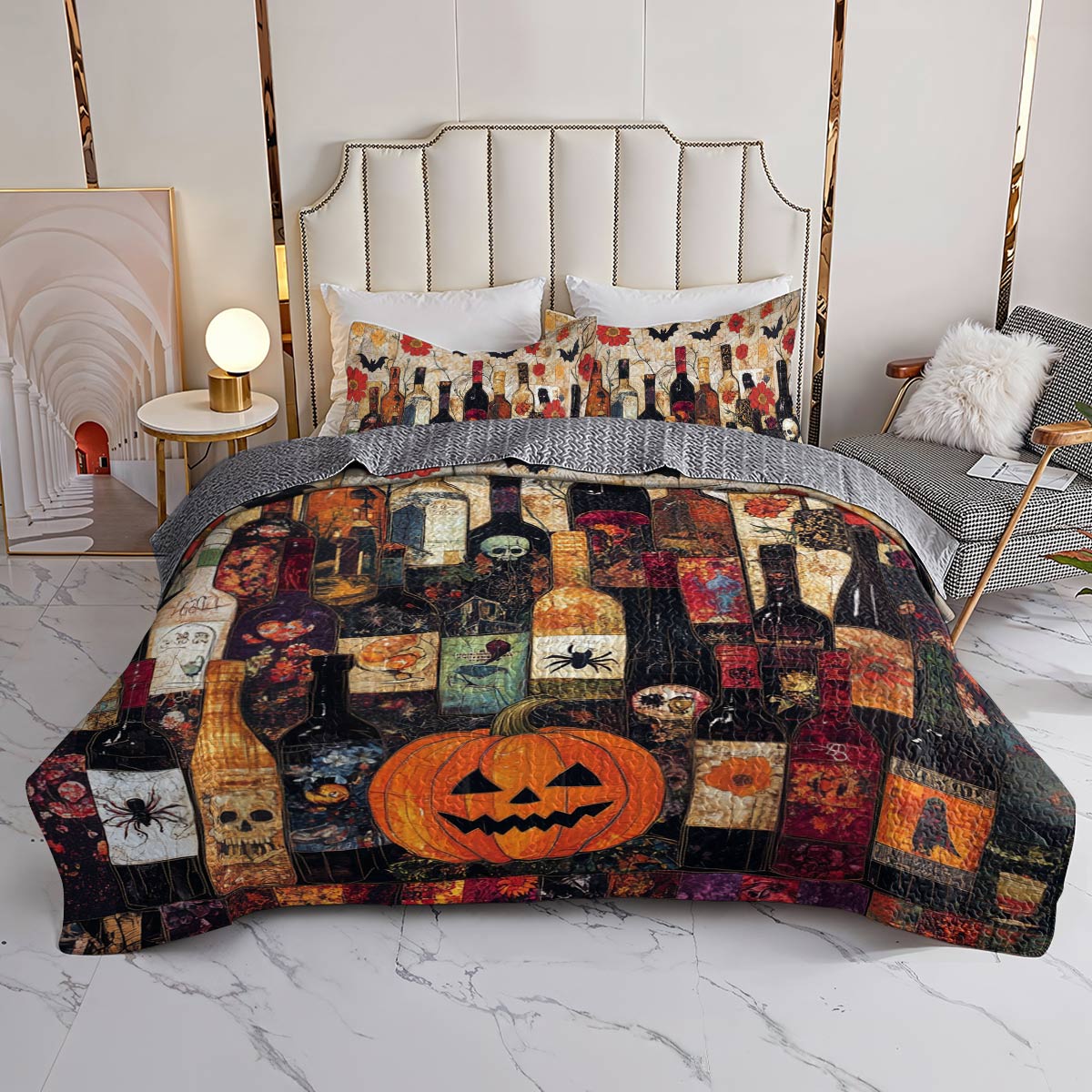 Shineful All Season Quilt 3-Piece Set Gorgeous Halloween Wine Bottles