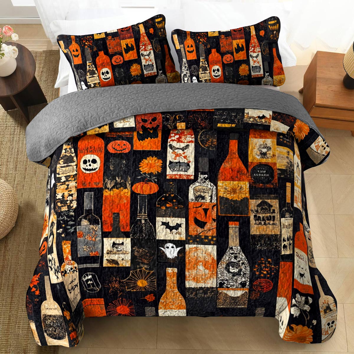 Shineful All Season Quilt 3-Piece Set Halloween Wine Bottles