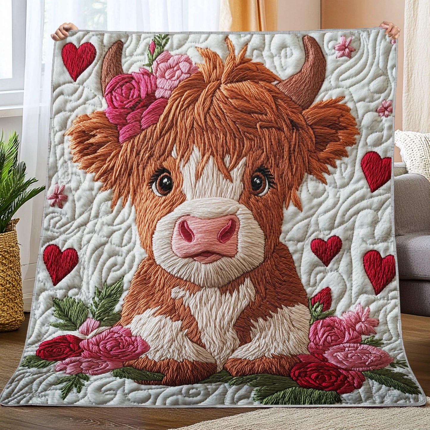 Shineful Flat Print Faux Quilt Blanket - Adorable Highland Cow with Floral Charm and Love Hearts