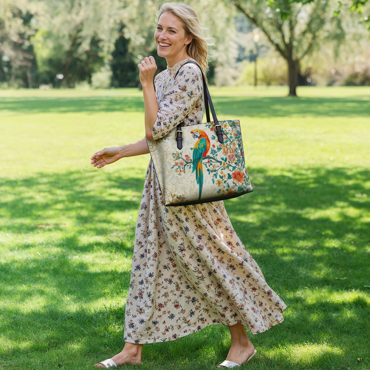 Shineful Leather Tote Bag - Macaw Enchantment