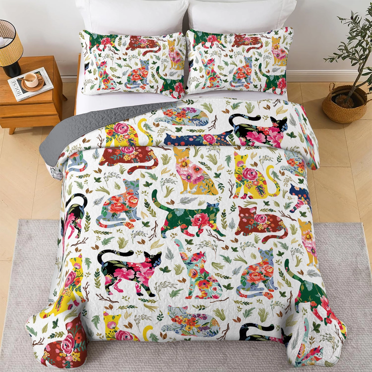 Shineful Quilt 3-Piece Set Cat Floral
