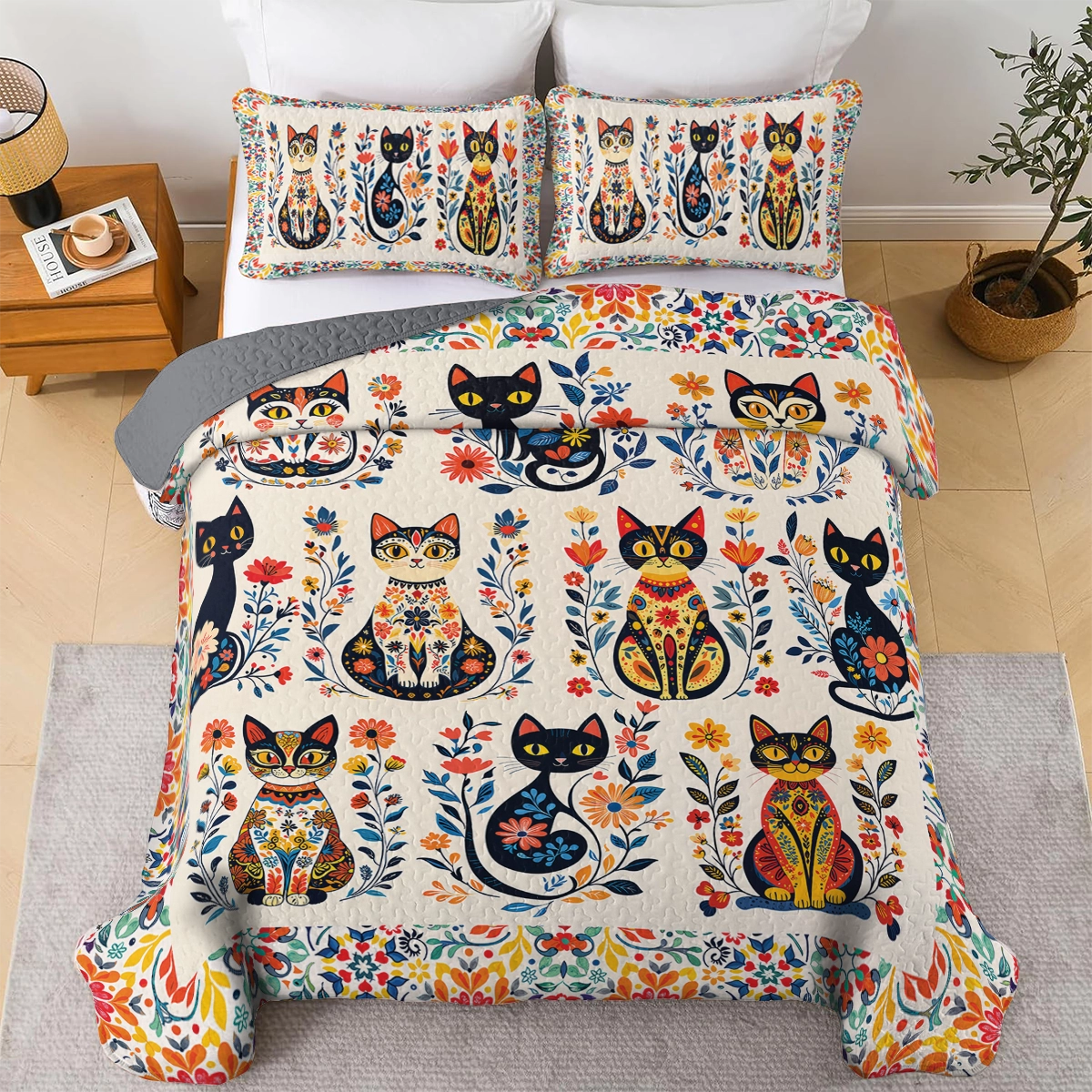 Shineful All Season Quilt 3-Piece Set - Purr-fectly Floral Cat