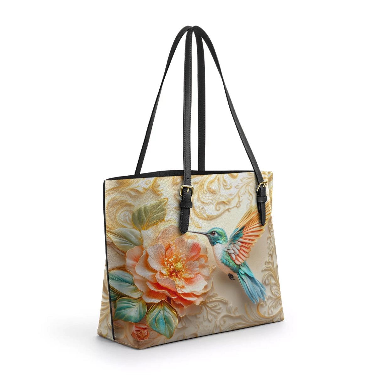 Shineful Leather Tote Bag - Golden Bloom Hummingbird