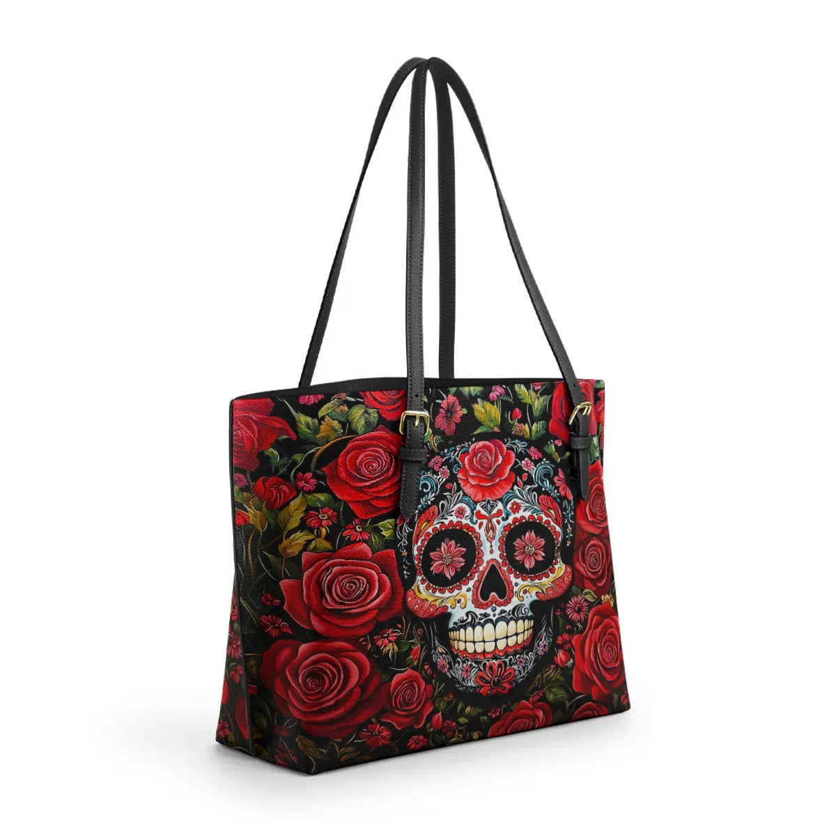 Shineful Leather Tote Bag - Roses & Sugar Skull Elegance