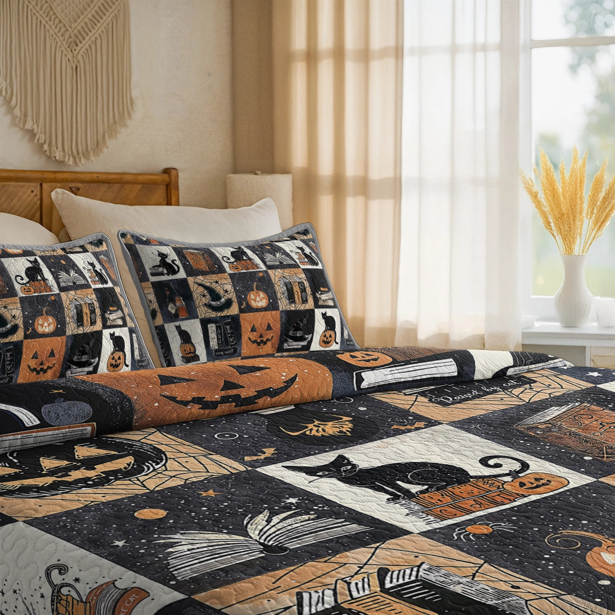 Shineful All Season Quilt 3-Piece Set Halloween Bookish Cat