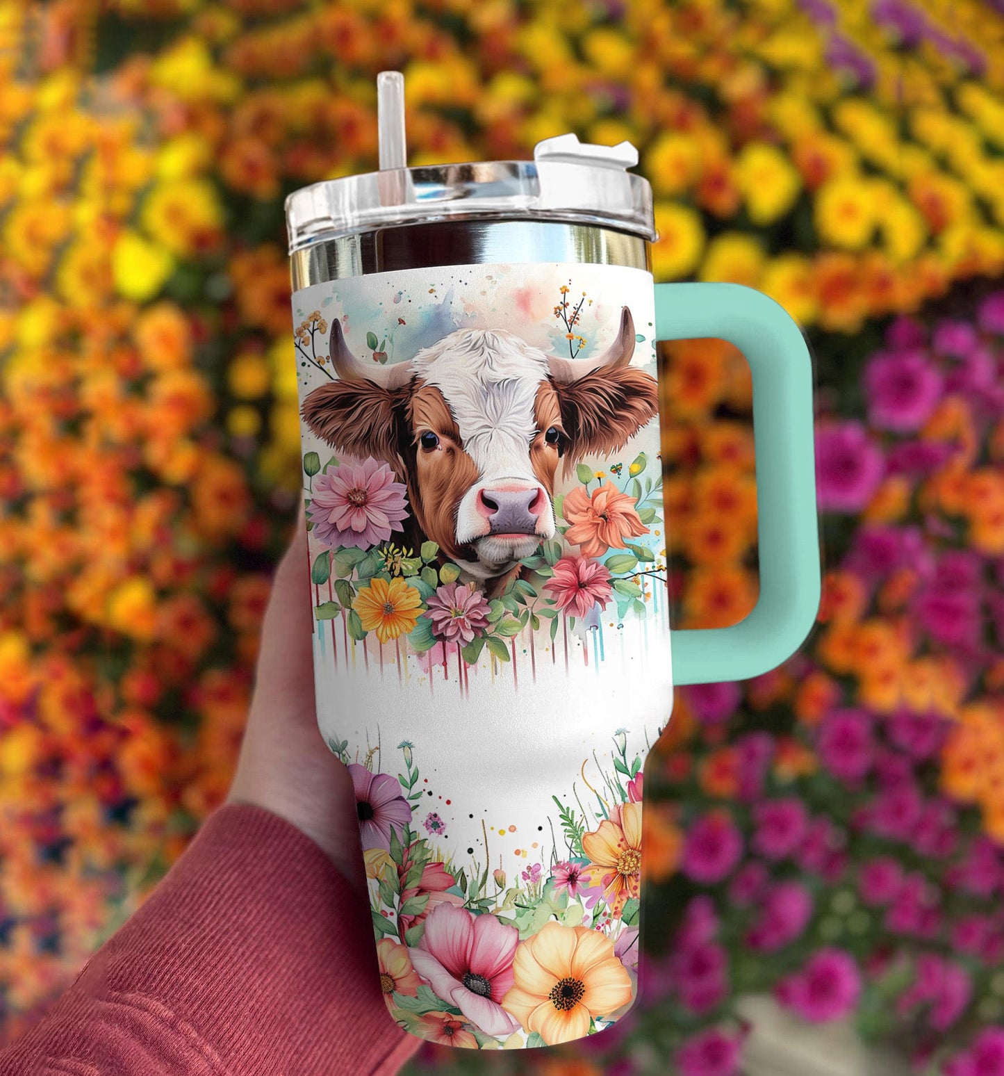 Highland Cow Turtle Of 40 Oz Shineful™ Tumbler Floral Nl09 Turquoise Blue 40Oz