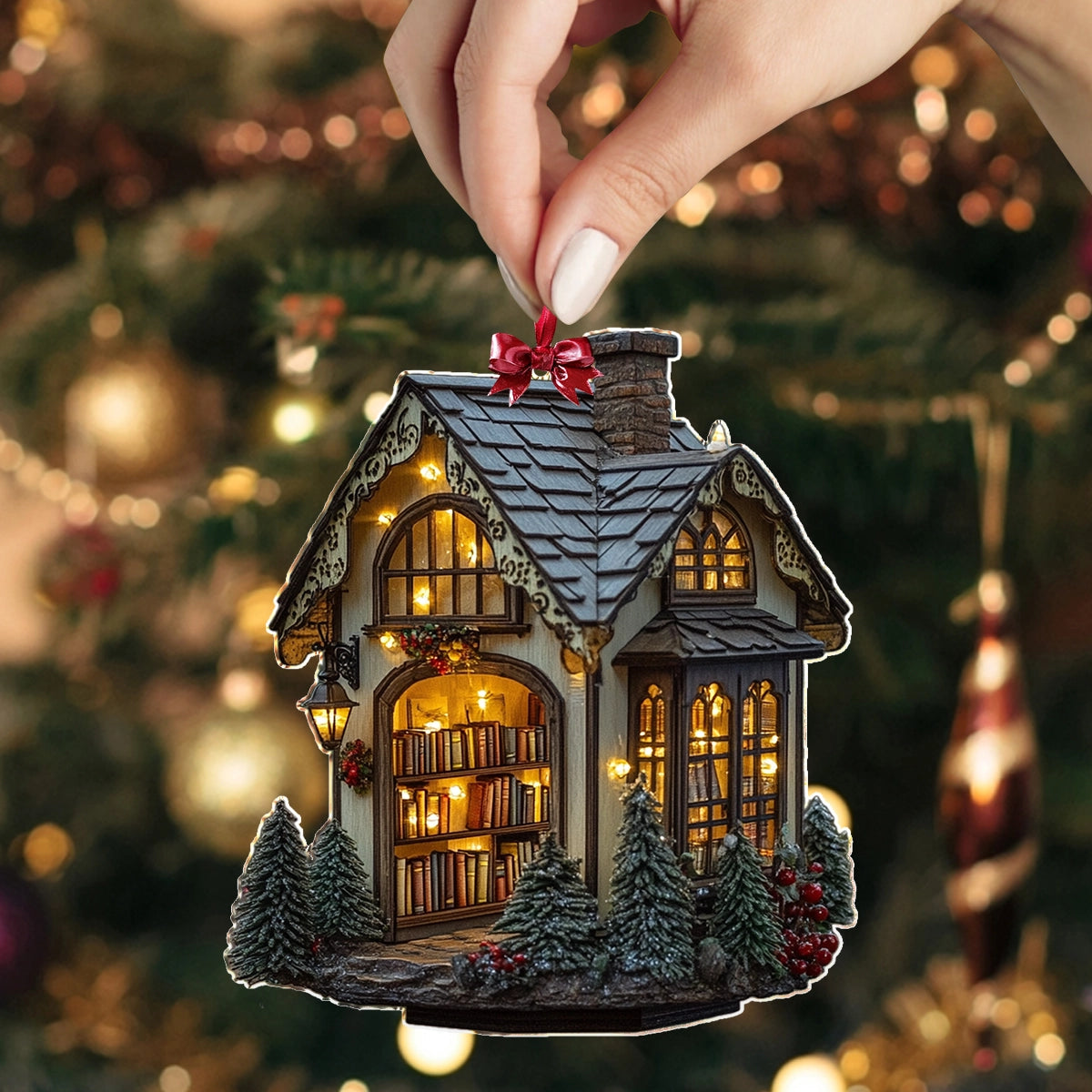 Shineful 2D Acrylic Ornament Cozy Library Cottage