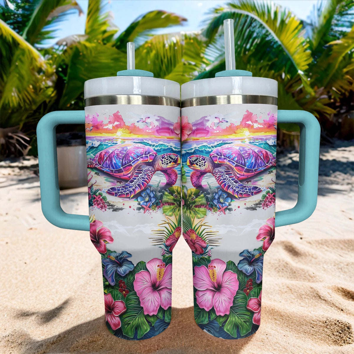 Shineful Tumbler Sunset Hibiscus Sanctuary Turtle