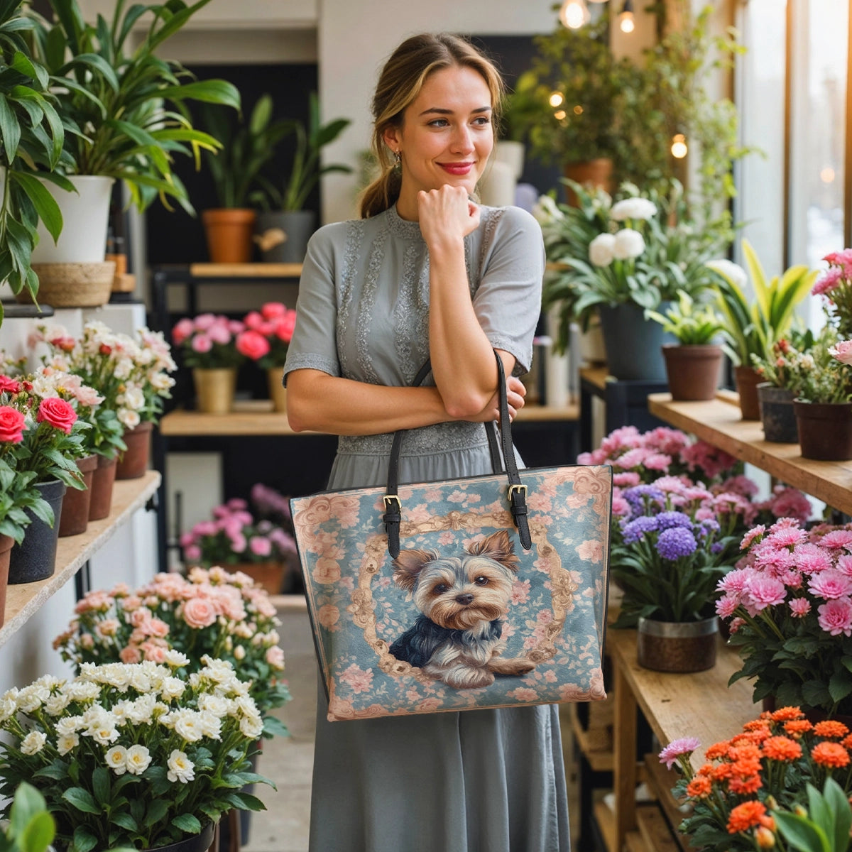Shineful Leather Tote Bag Yorkie Blossom Elegance
