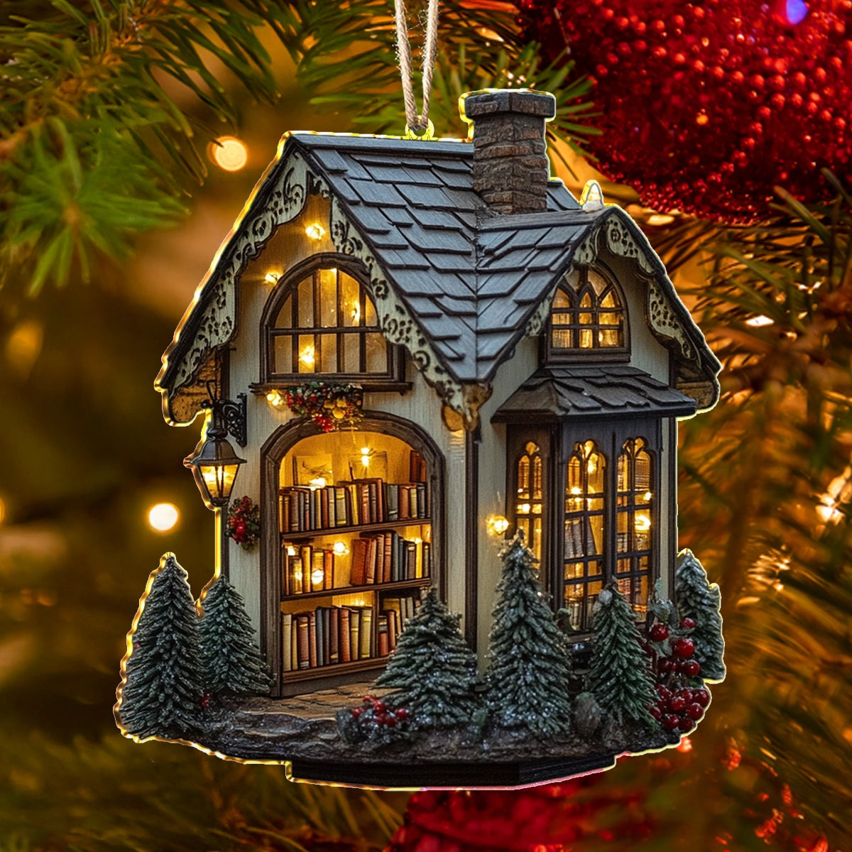 Shineful 2D Acrylic Ornament Cozy Library Cottage