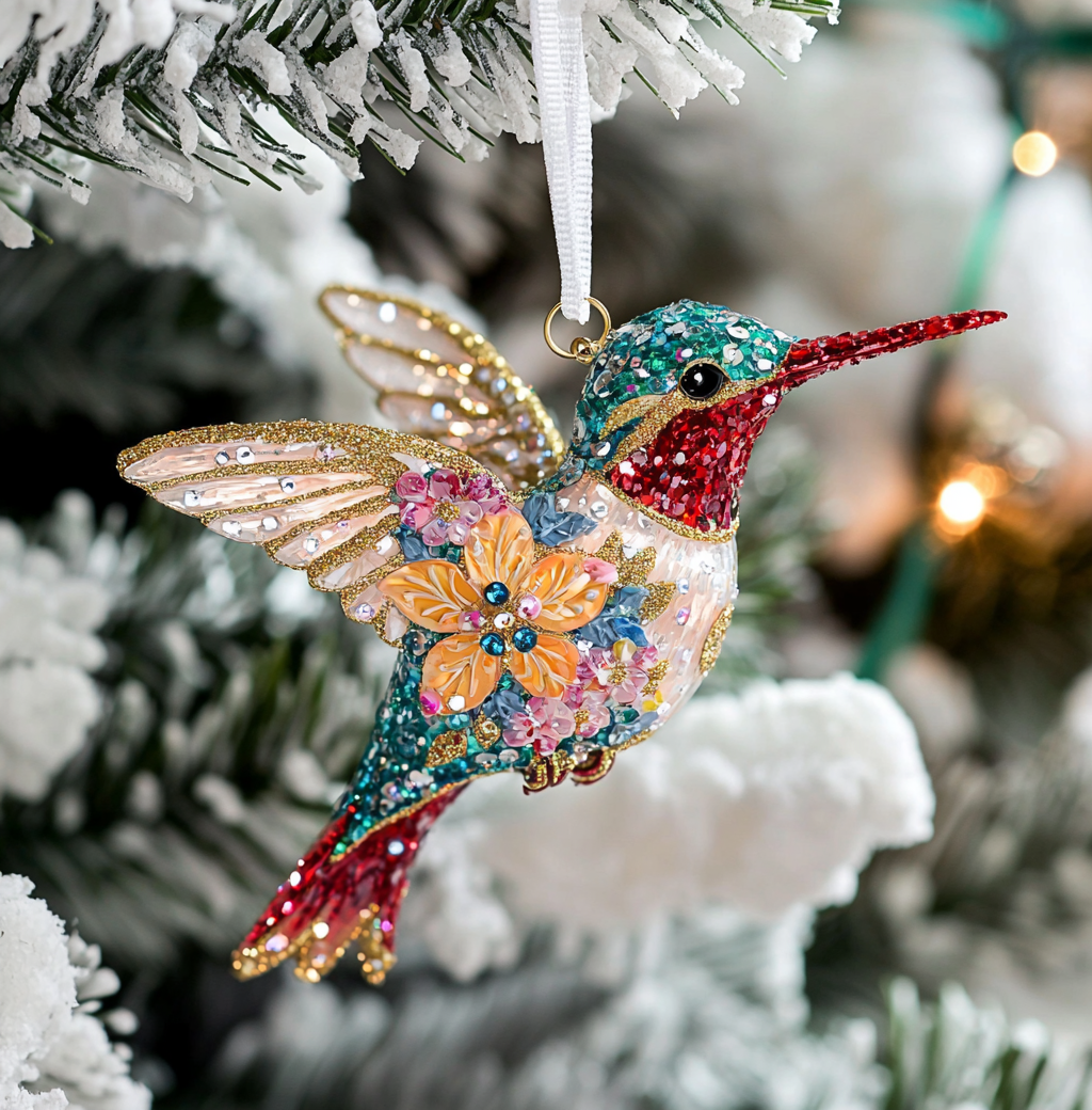 Shineful 2D Acrylic Ornament Twinkling Floral Hummingbird