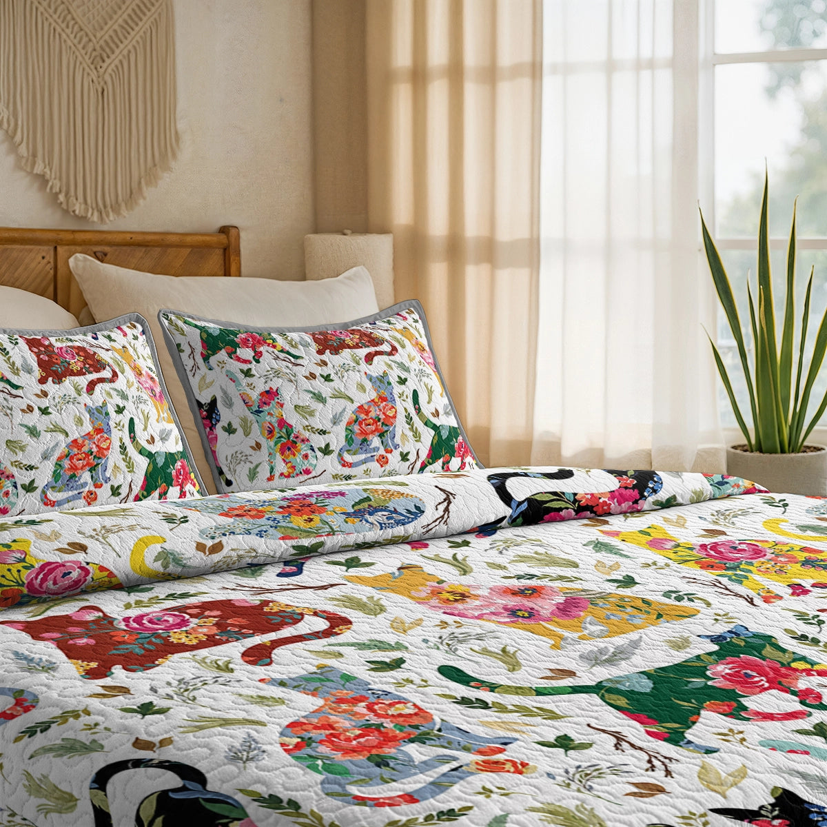 Shineful Quilt 3-Piece Set Cat Floral