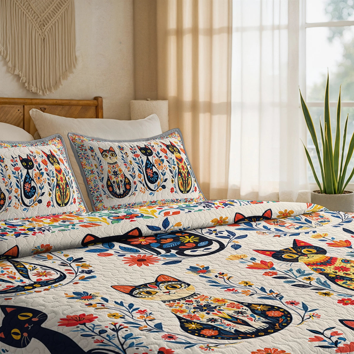 Shineful All Season Quilt 3-Piece Set - Purr-fectly Floral Cat