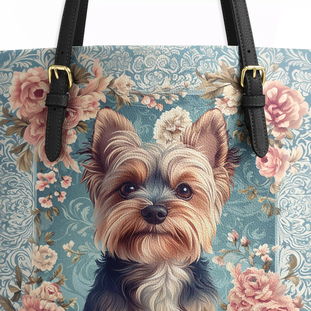 Shineful Leather Tote Bag Yorkie Rose Bloom Elegance