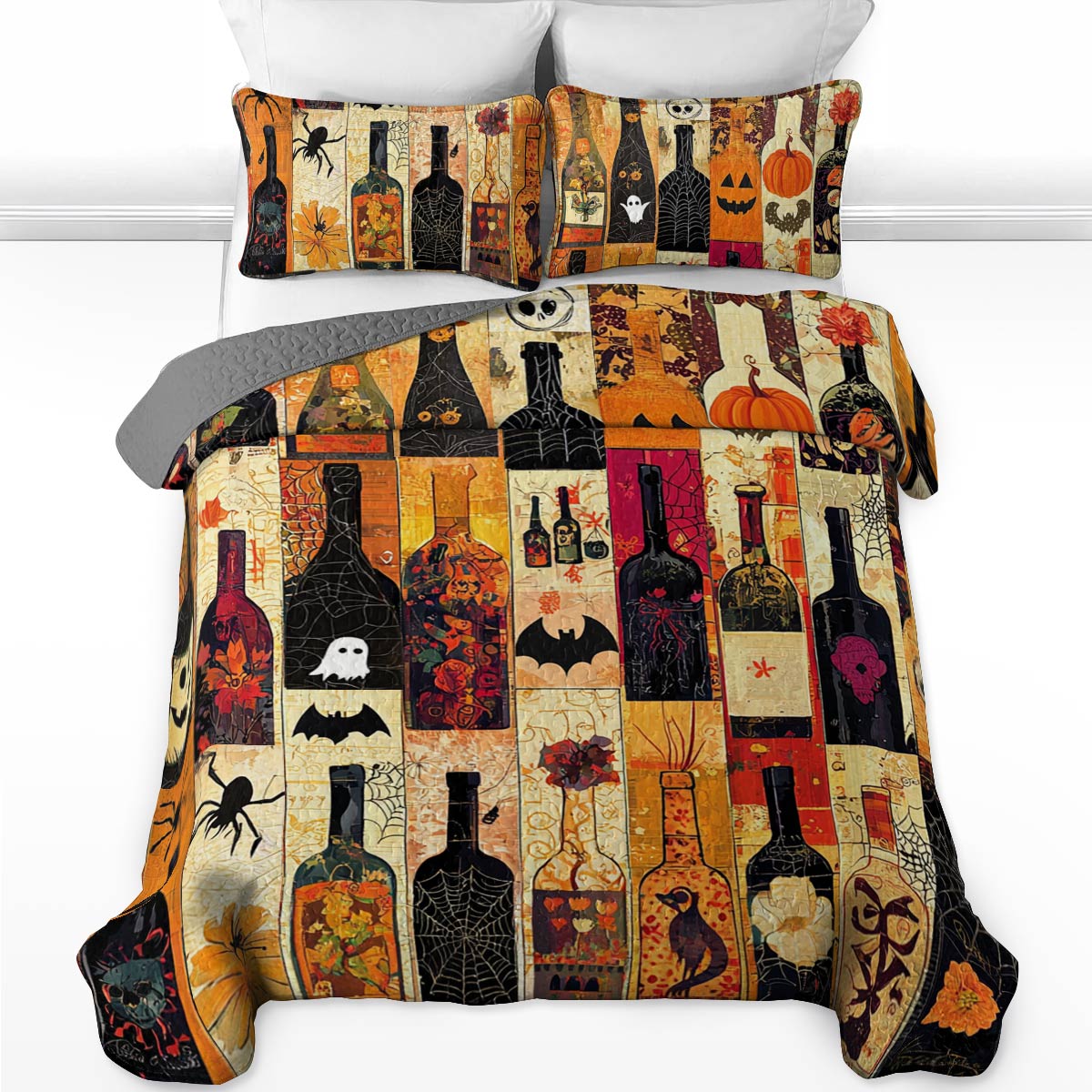 Shineful All Season Quilt 3-Piece Set Halloween Dazzling Wine Bottles