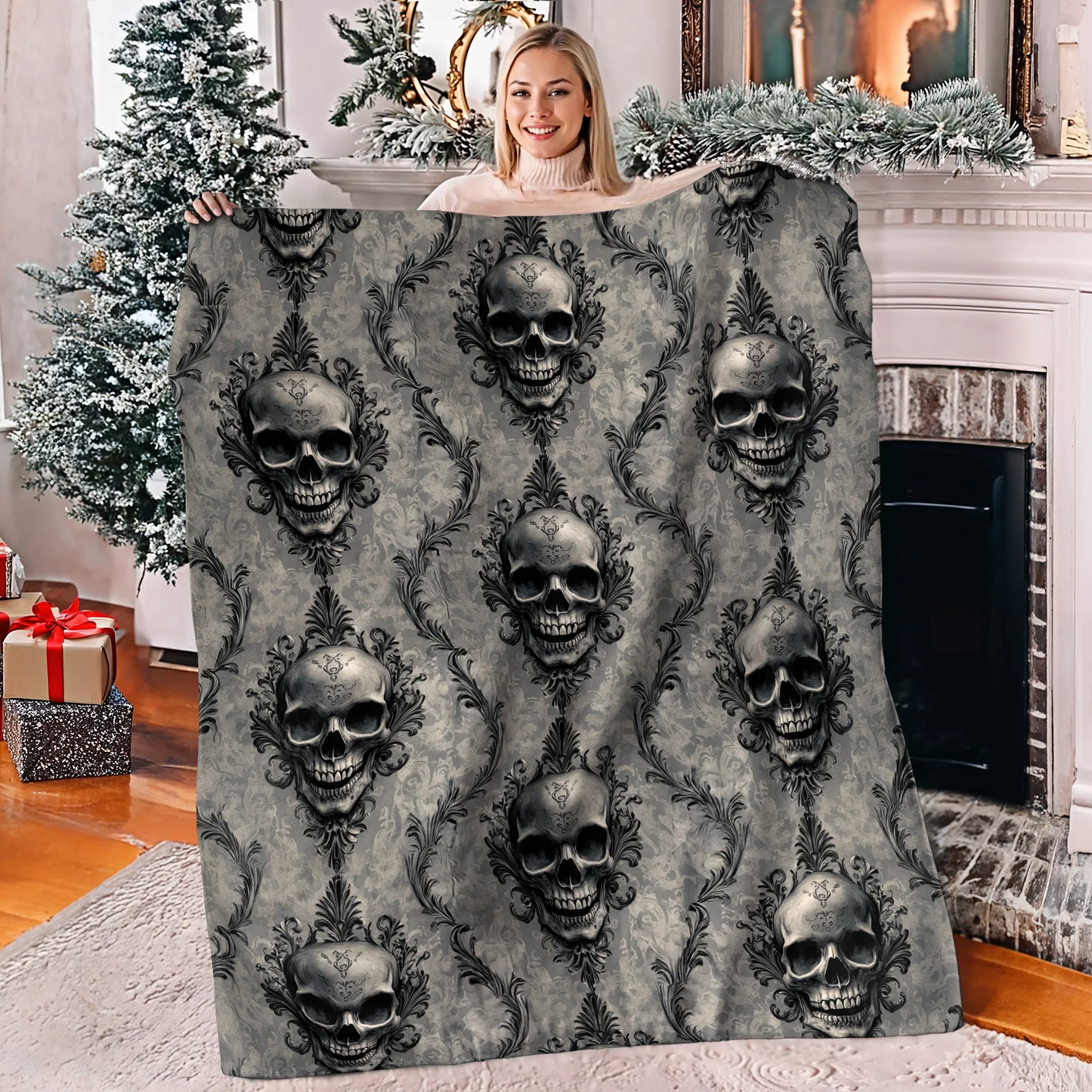 Shineful Fleece Blanket Dark Skull Damask