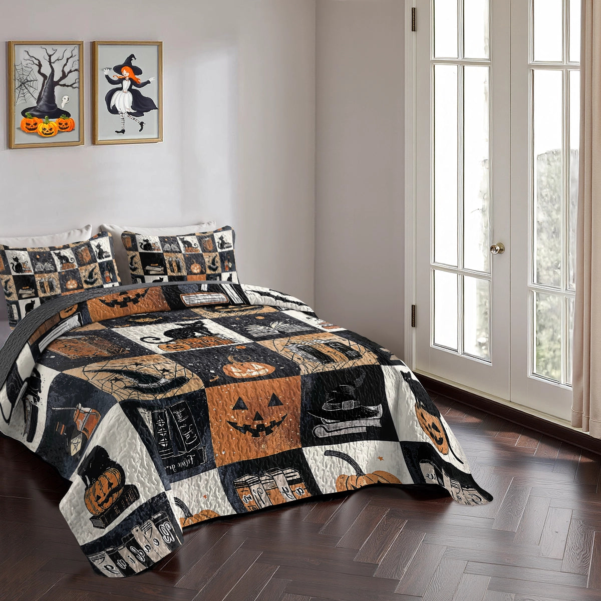 Shineful All Season Quilt 3-Piece Set Halloween Bookish Cat