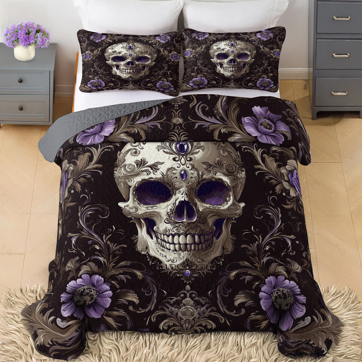 Shineful All Season Quilt 3-Piece Set - Gothic Jewel Skull