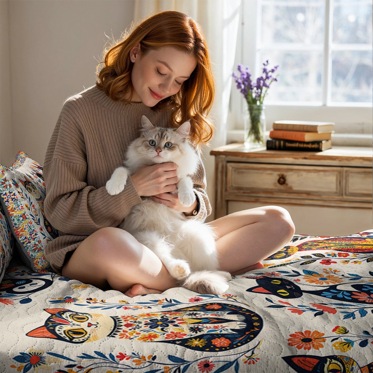 Shineful All Season Quilt 3-Piece Set - Purr-fectly Floral Cat
