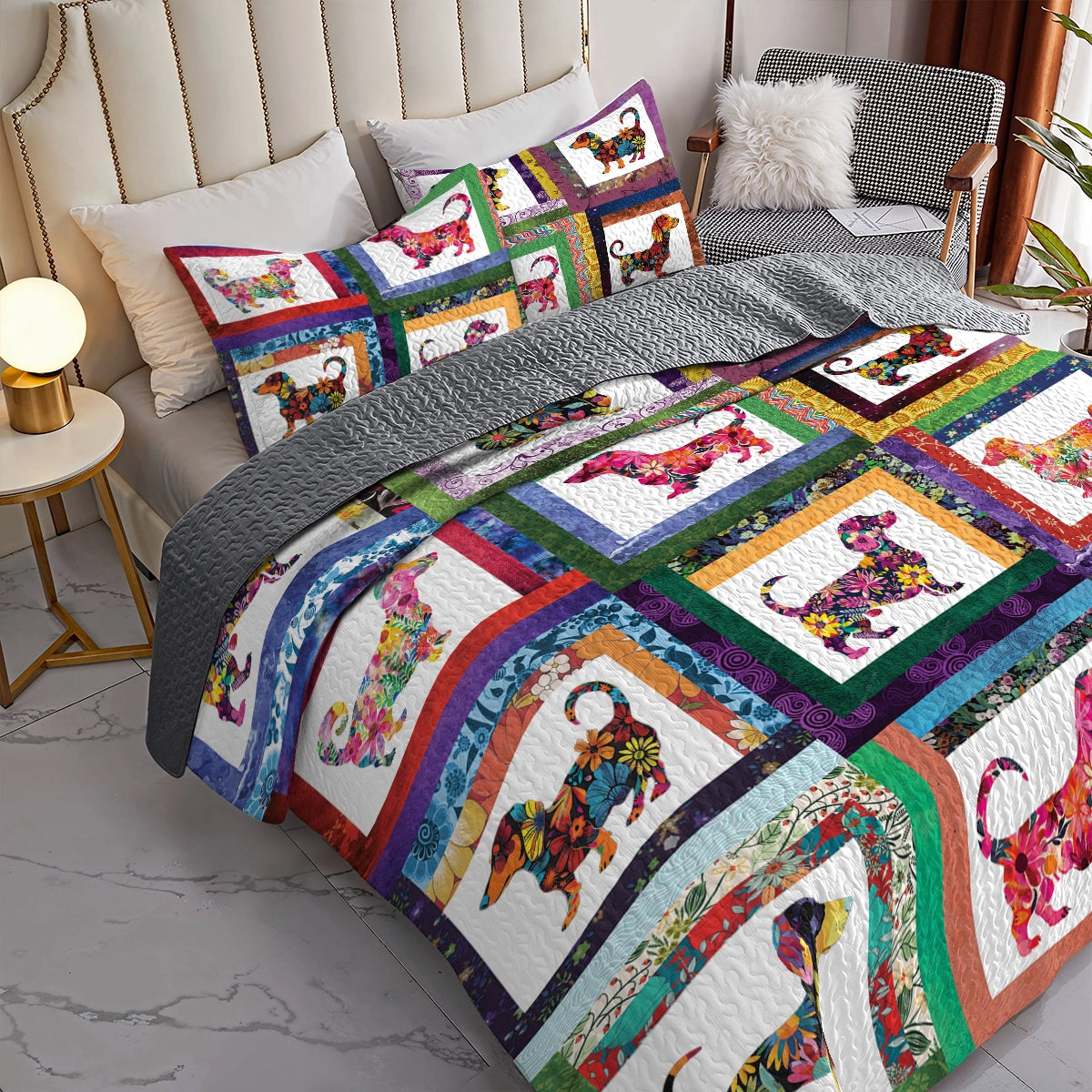 Shineful All Season Quilt 3-Piece Set Colorful Dachshund Delight