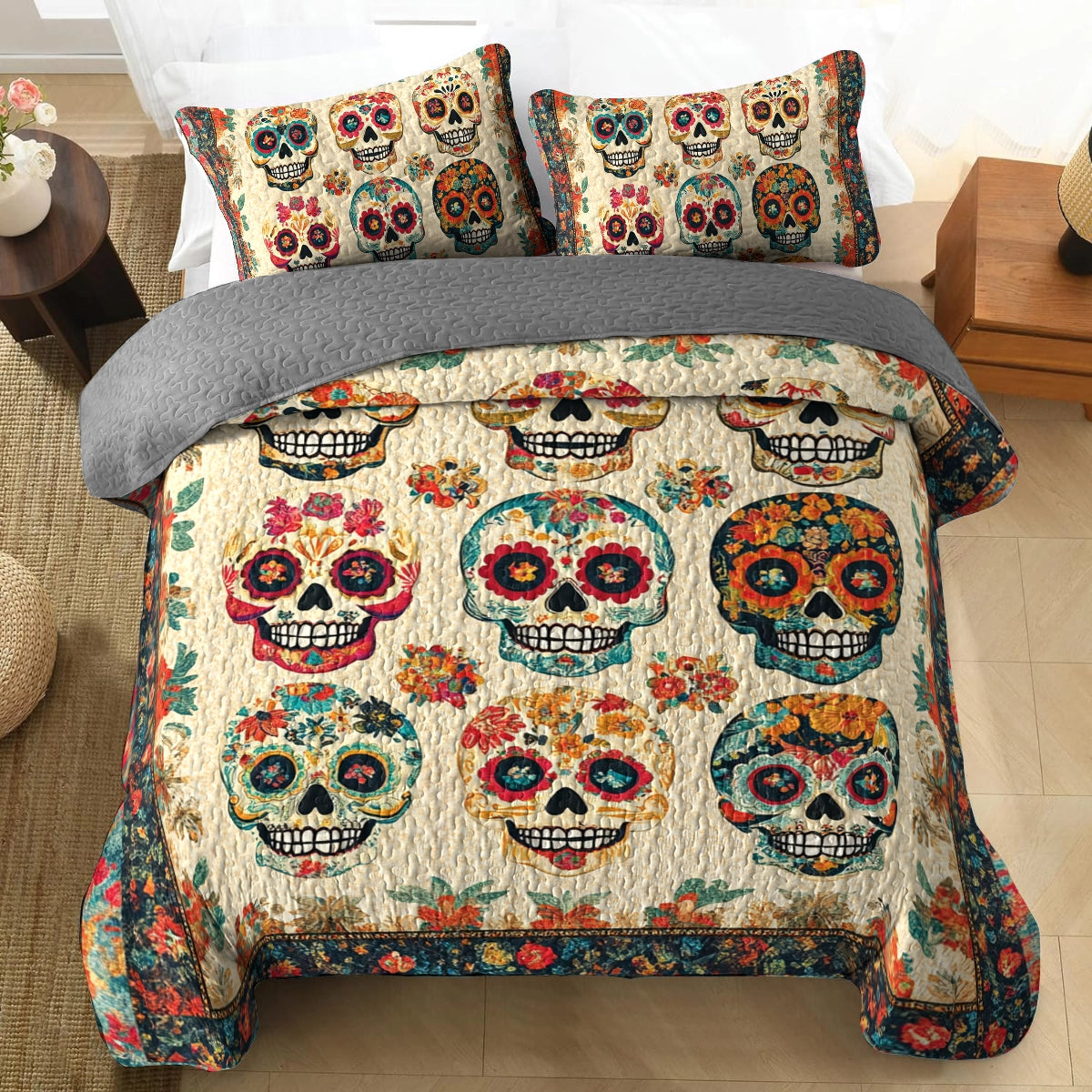 Shineful All Season Quilt 3-Piece Set Vintage Skull Bouquet