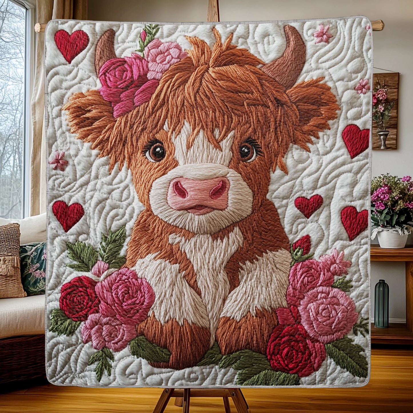 Shineful Flat Print Faux Quilt Blanket - Adorable Highland Cow with Floral Charm and Love Hearts