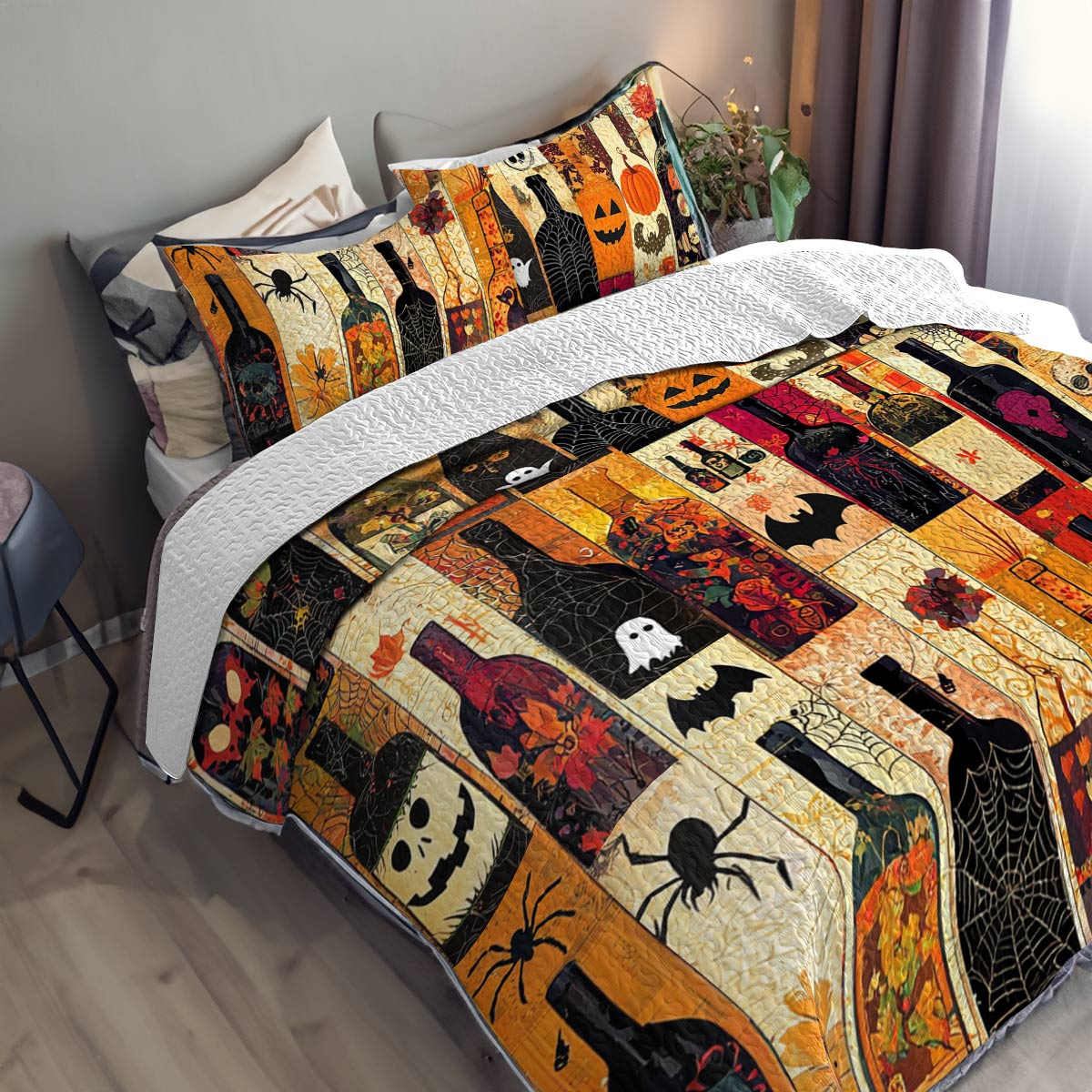 Shineful All Season Quilt 3-Piece Set Halloween Dazzling Wine Bottles