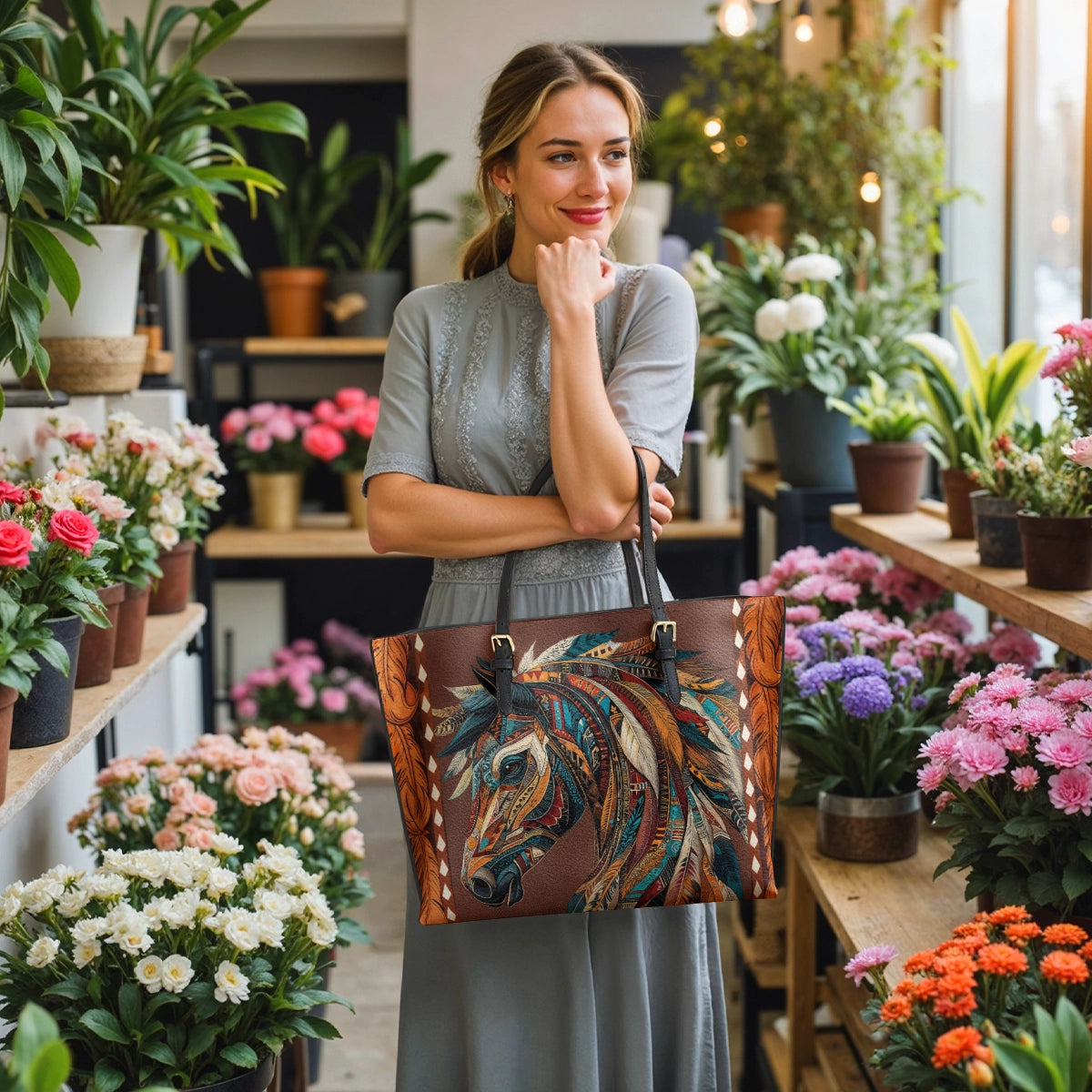 Shineful Leather Tote Bag - Tribal Horse Majesty