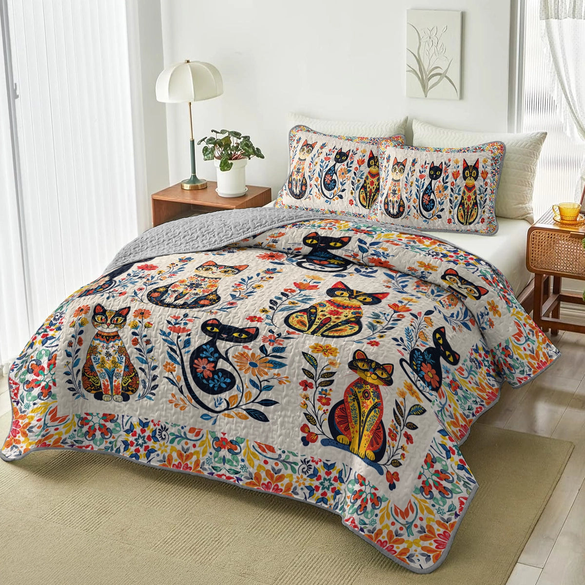 Shineful All Season Quilt 3-Piece Set - Purr-fectly Floral Cat