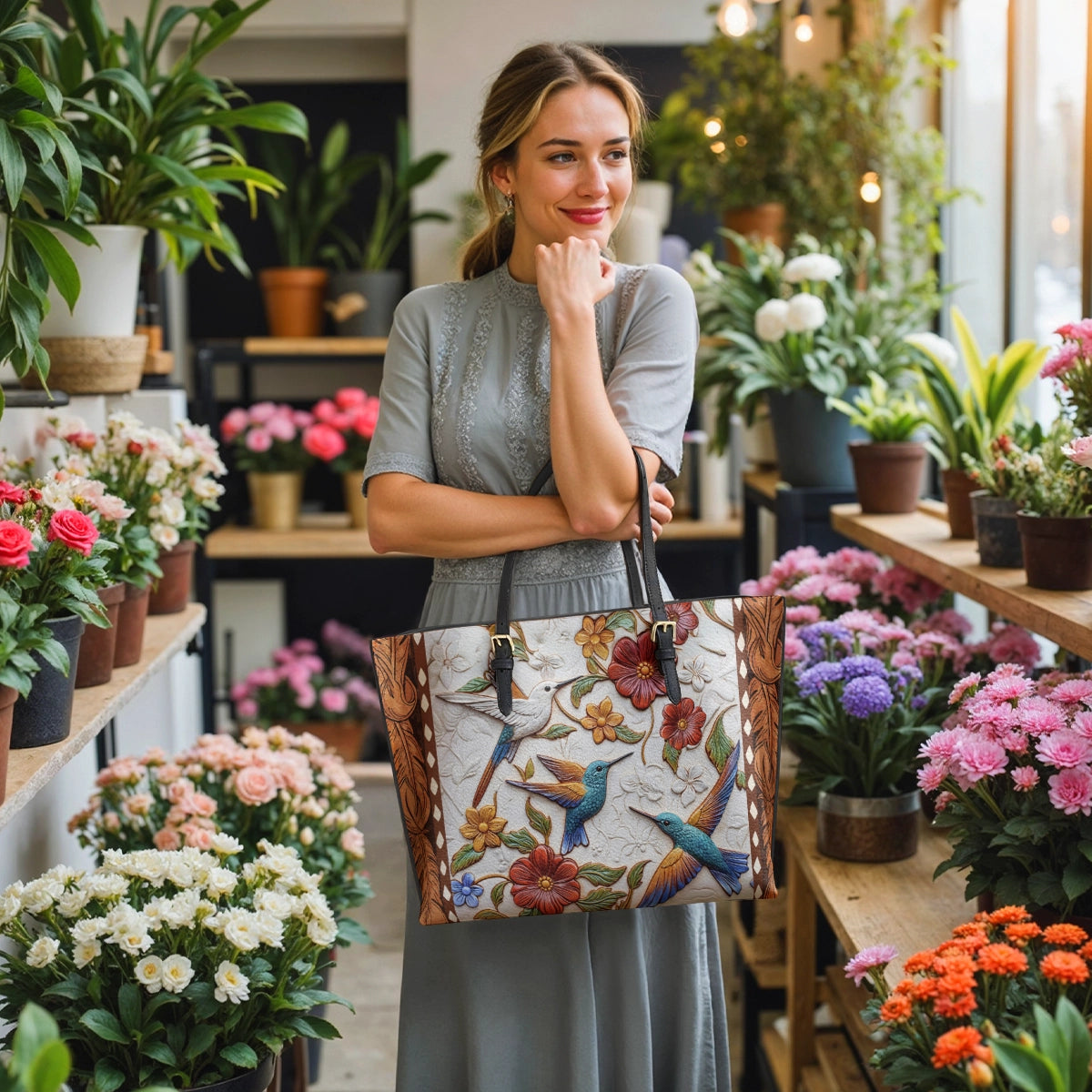 Shineful Leather Tote Bag Hummingbird Blossom Flight