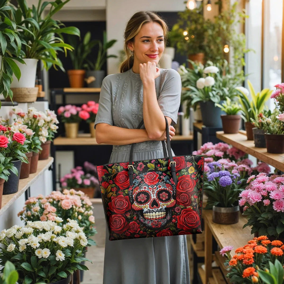 Shineful Leather Tote Bag - Roses & Sugar Skull Elegance