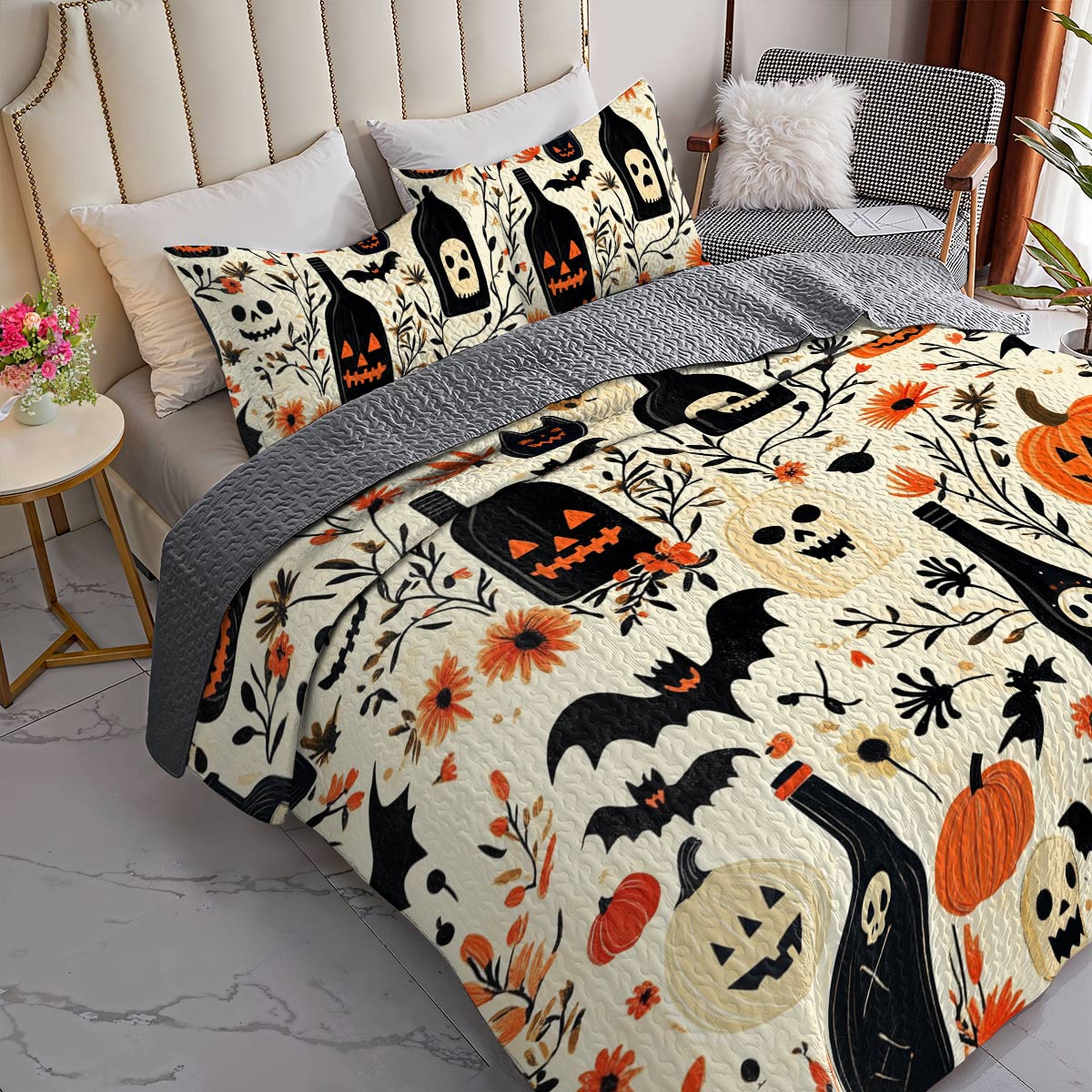 Shineful All Season Quilt 3-Piece Set Happy Halloween Wine Bottles