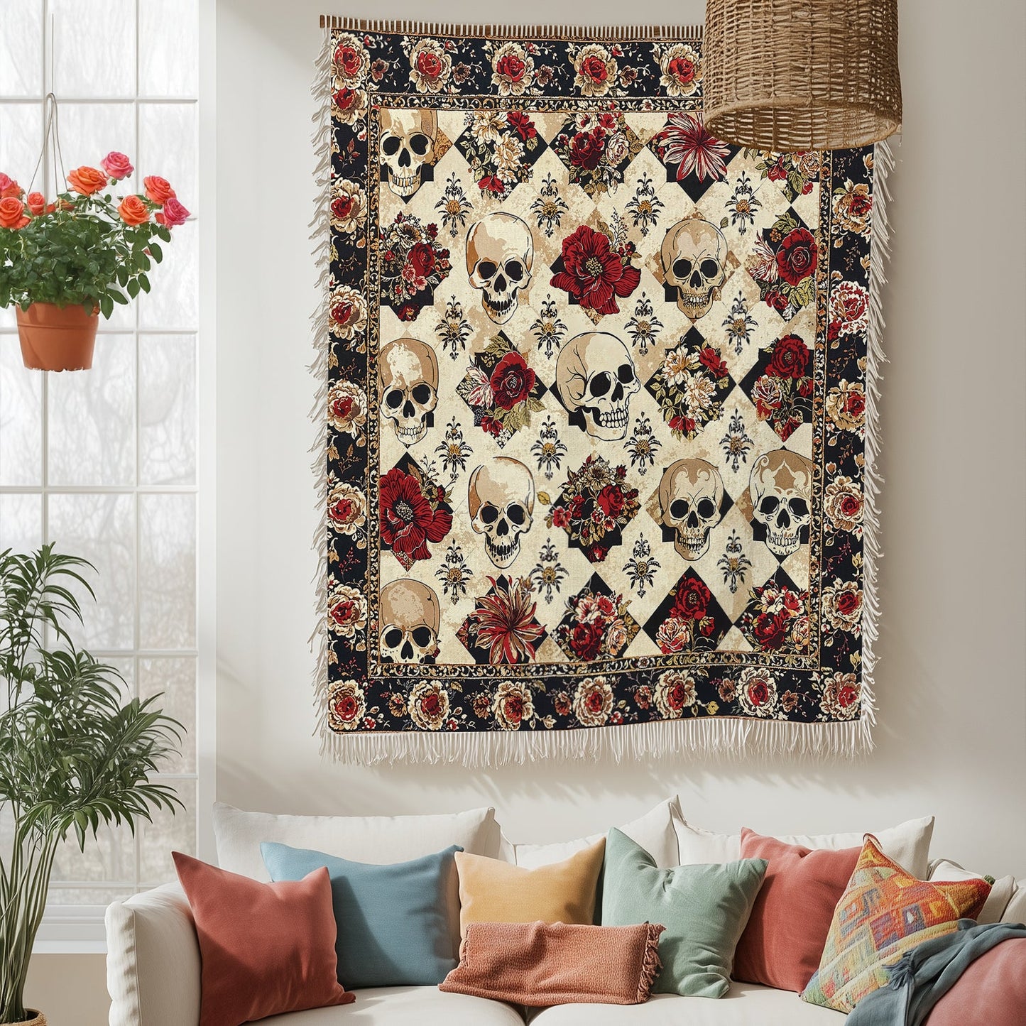 Shineful Woven Tapestry Throw Blanket - Elegant Skull Roses